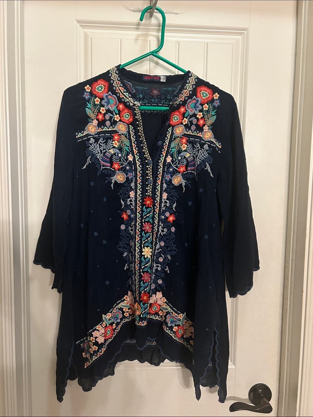 Johnny Was Navy Embroidered V-Neck Tunic Top